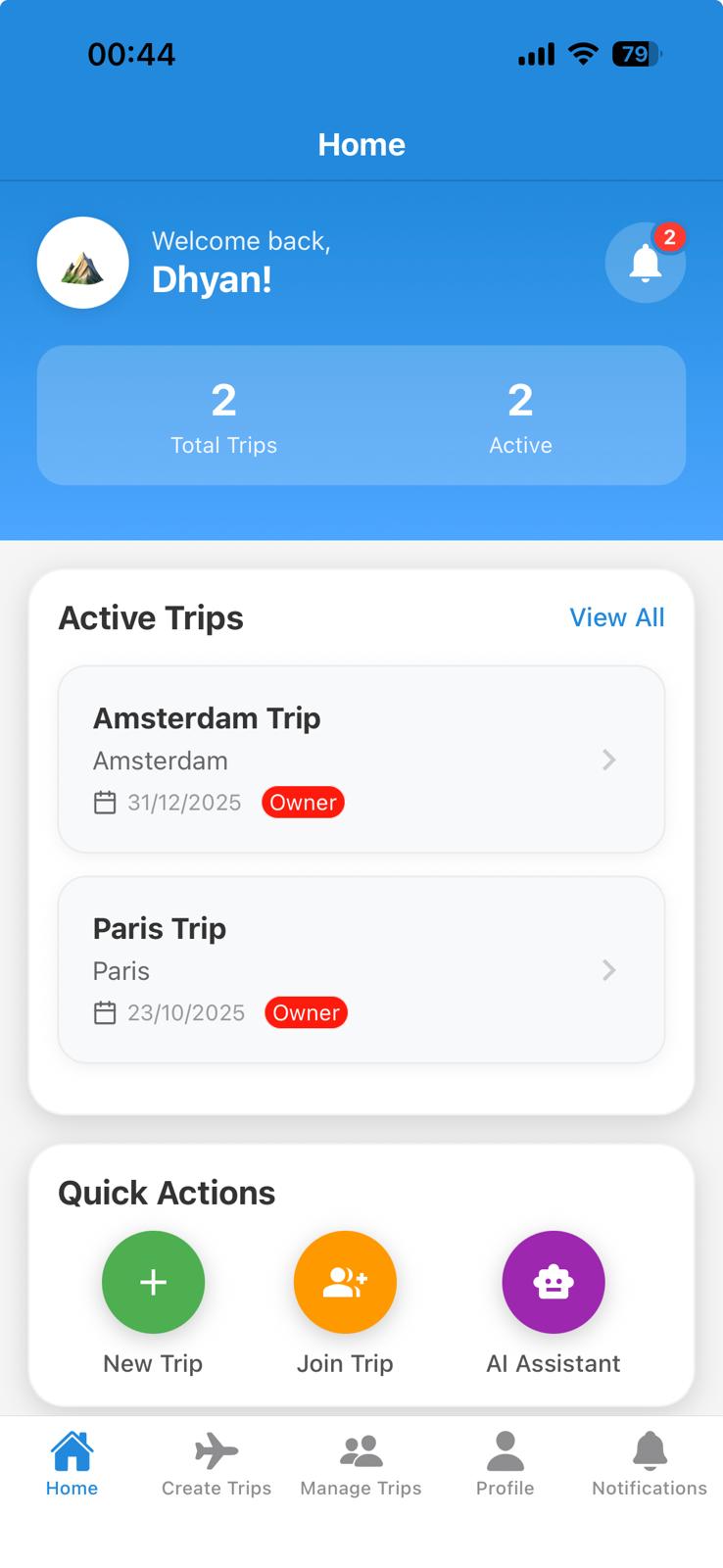 TripMate Home Screen